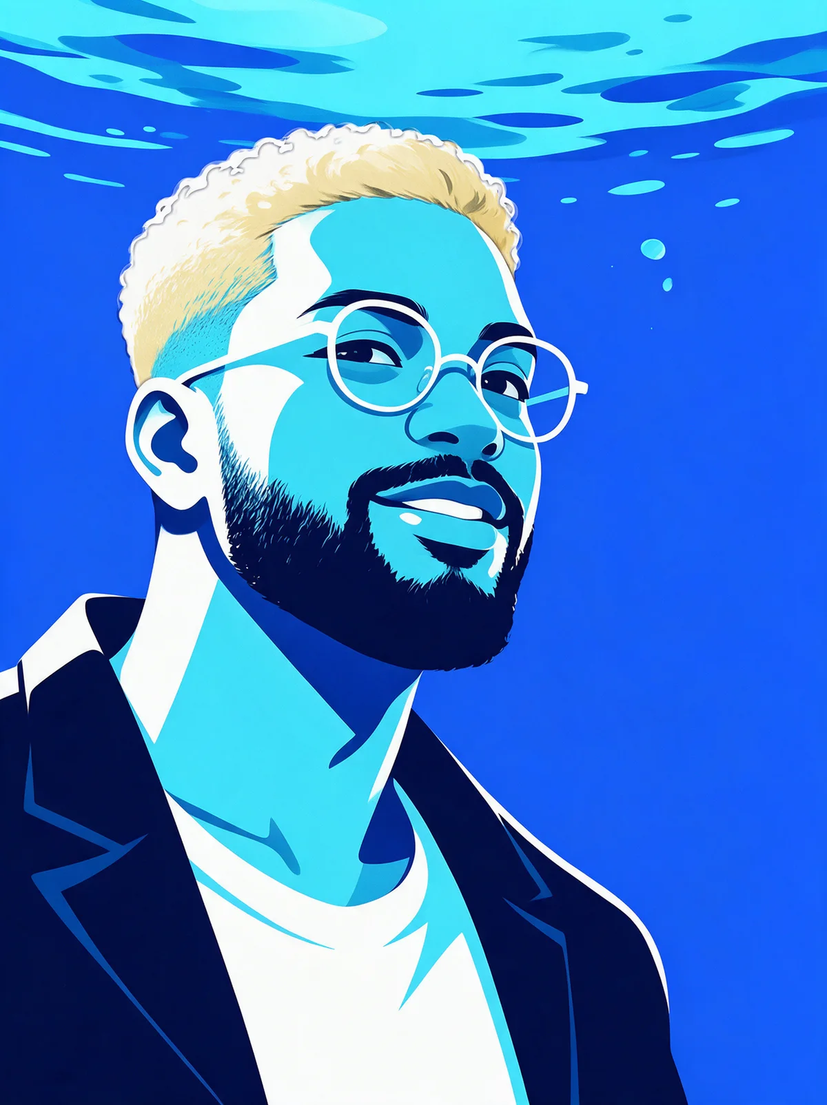 Ferran als flache Schnitt-Illustration in Weiß, Cyan und Blau unter einer Wasseroberfläche